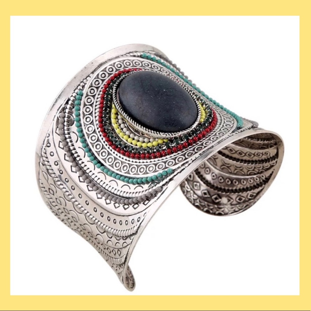 SILVER BEADED BOHO WIDE CUFF BANGLE BRACELET